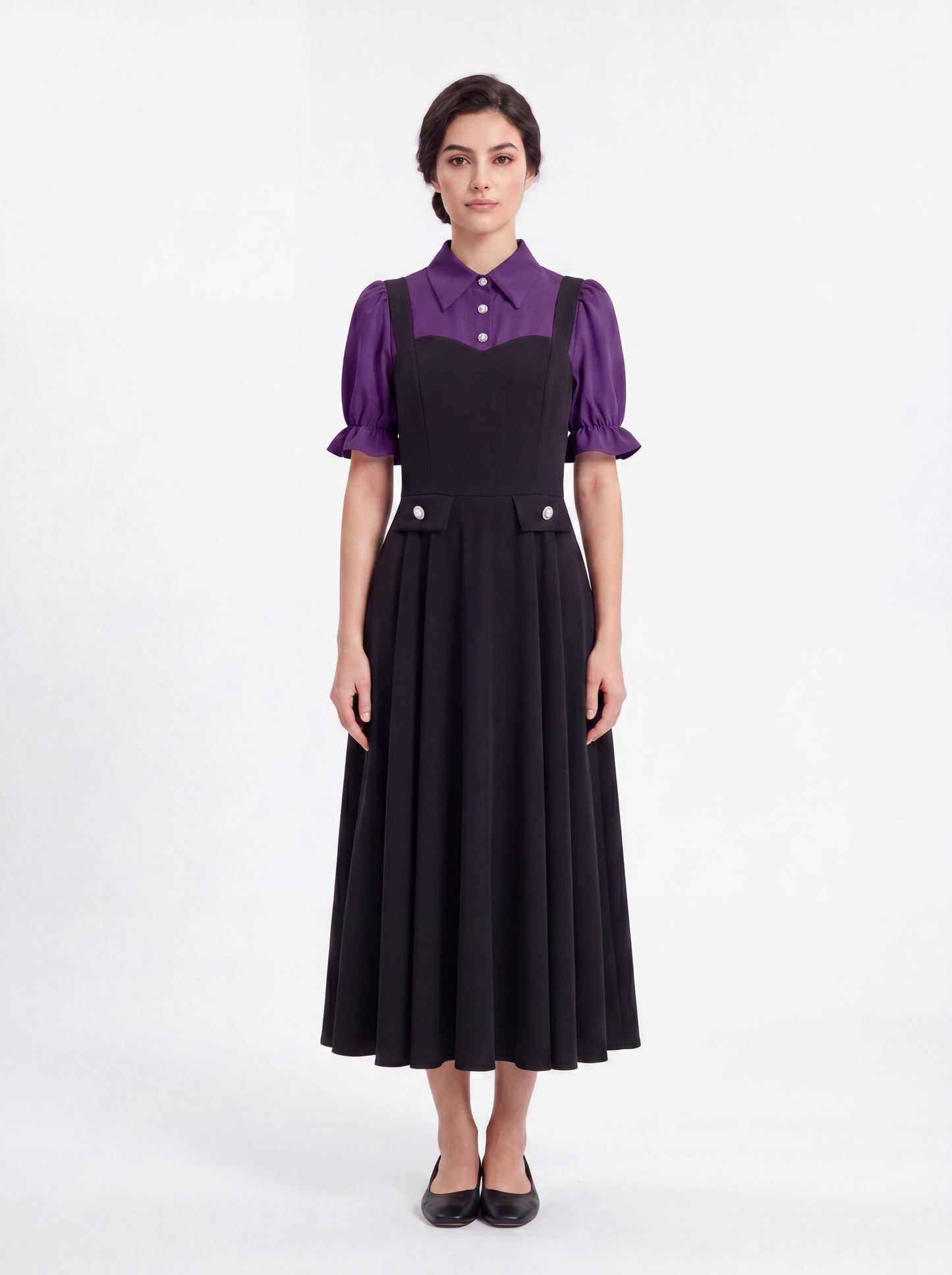 Vestido Midi de Mangas Abullonadas