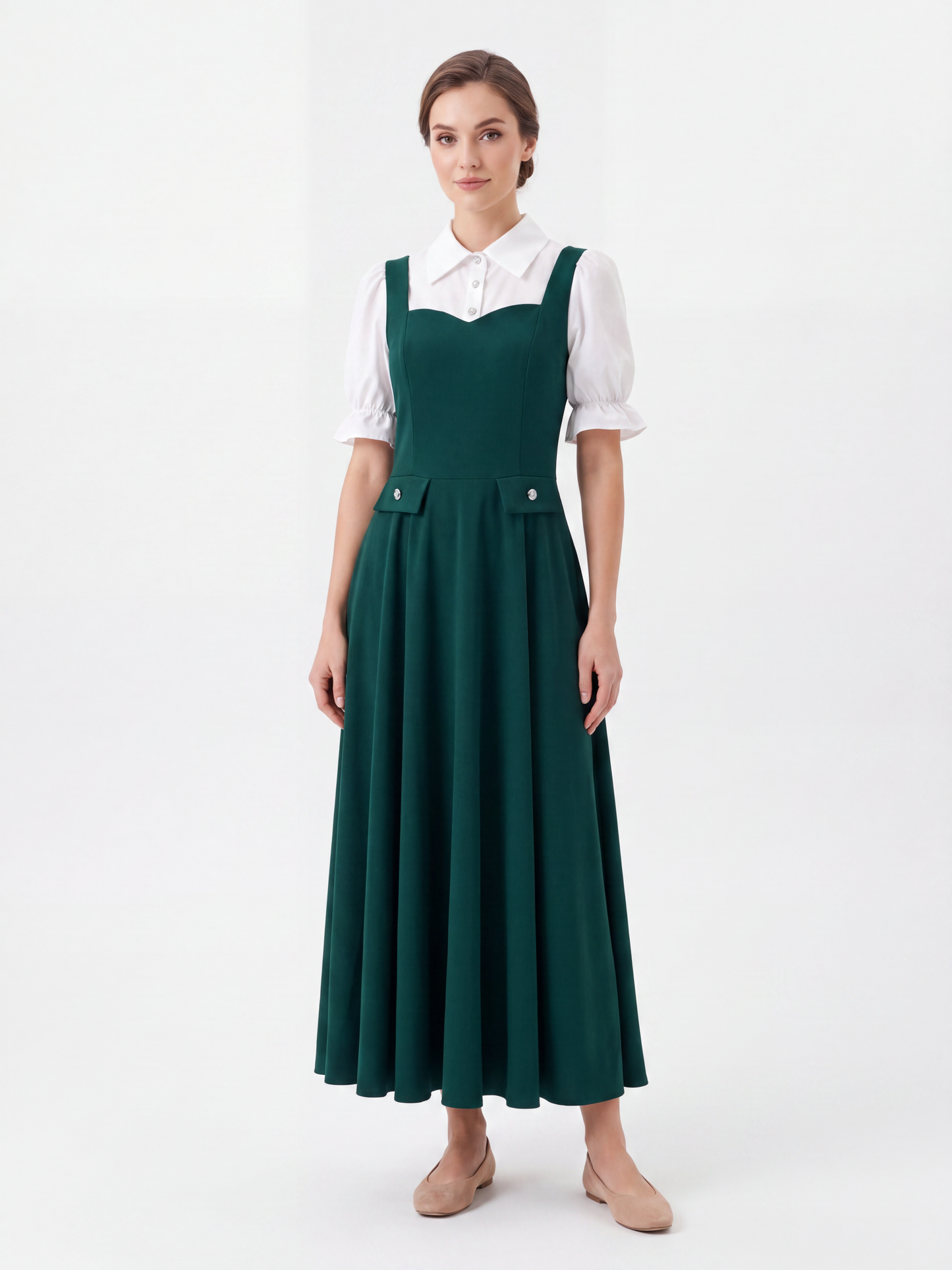 Vestido Midi de Mangas Abullonadas