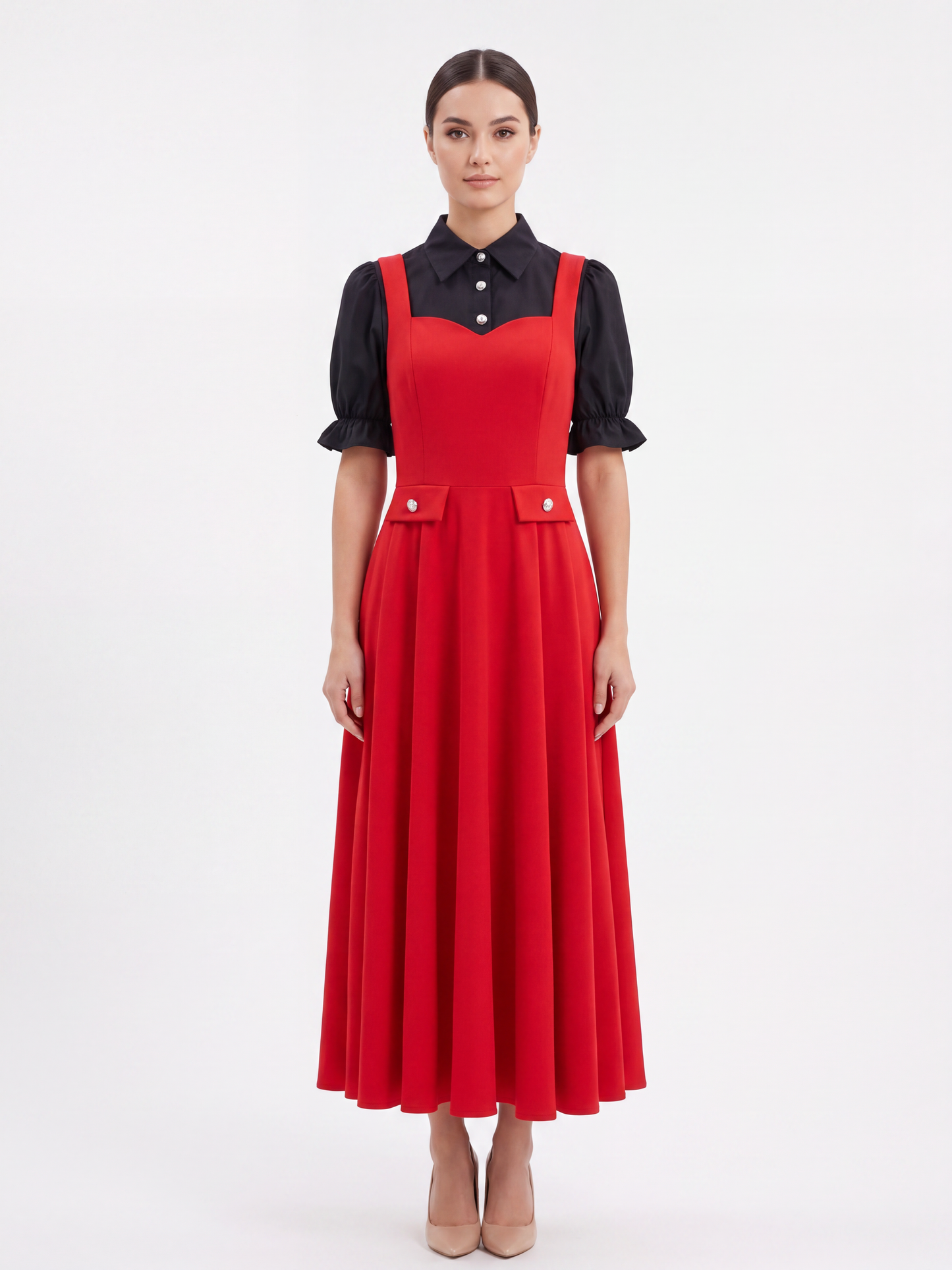 Vestido Midi de Mangas Abullonadas