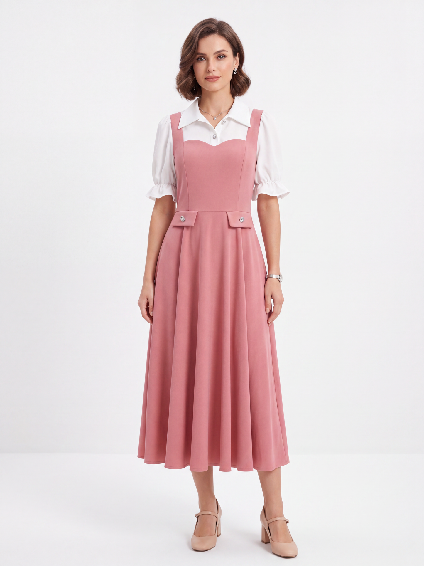 Vestido Midi de Mangas Abullonadas