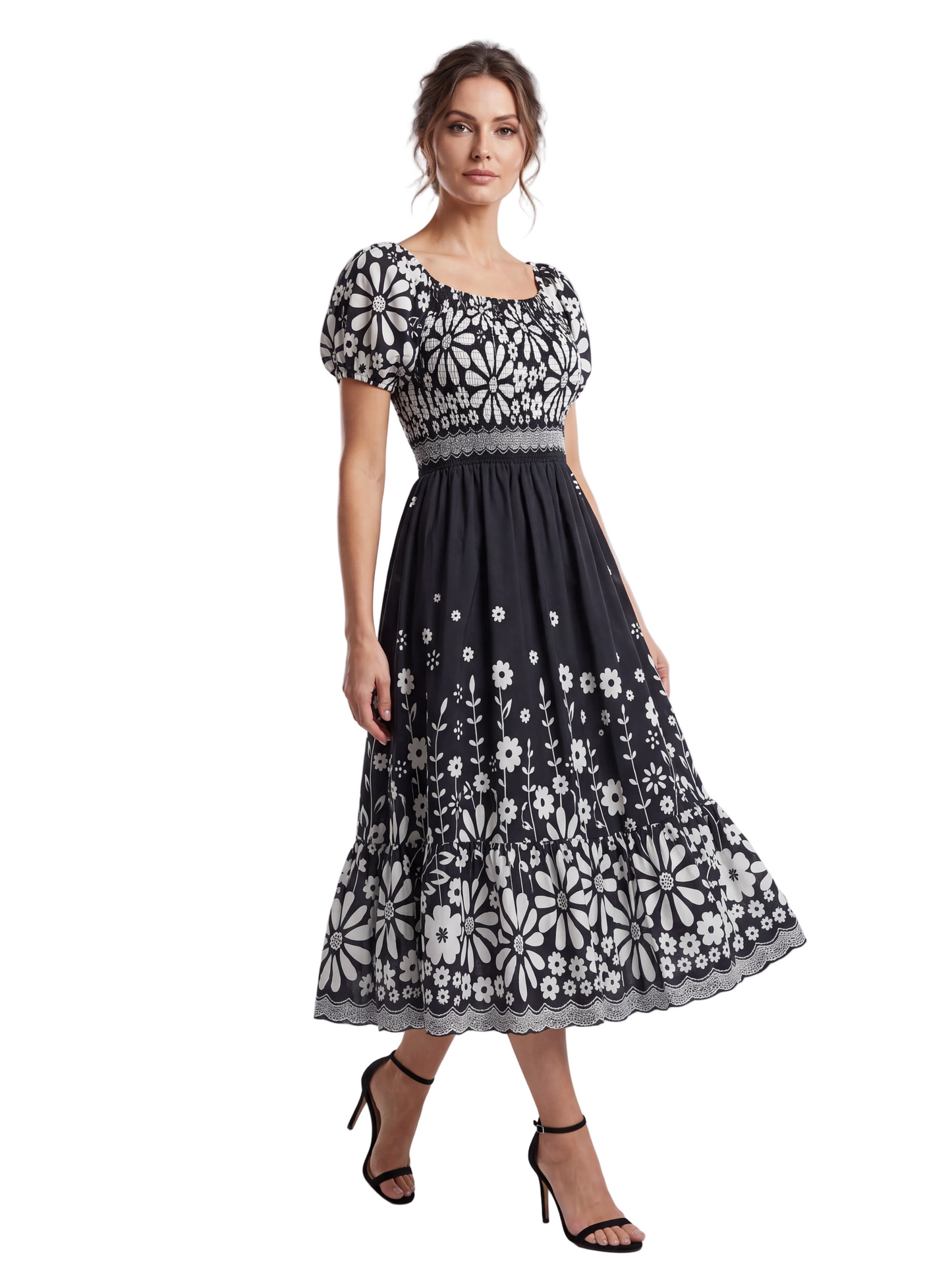 Summer Floral Tea Dress with Puffed Sleeves