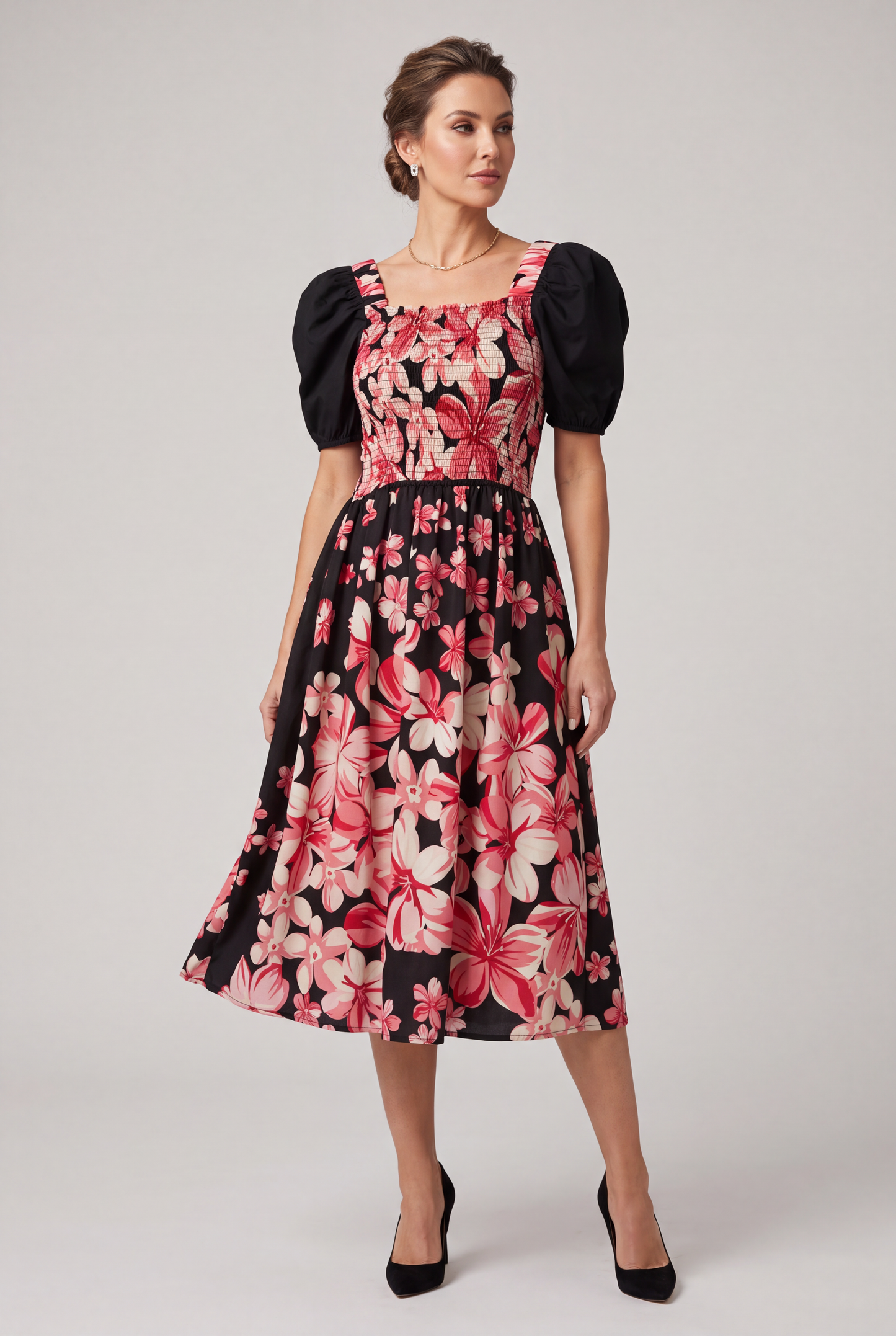Summer Floral Tea Dress with Puffed Sleeves