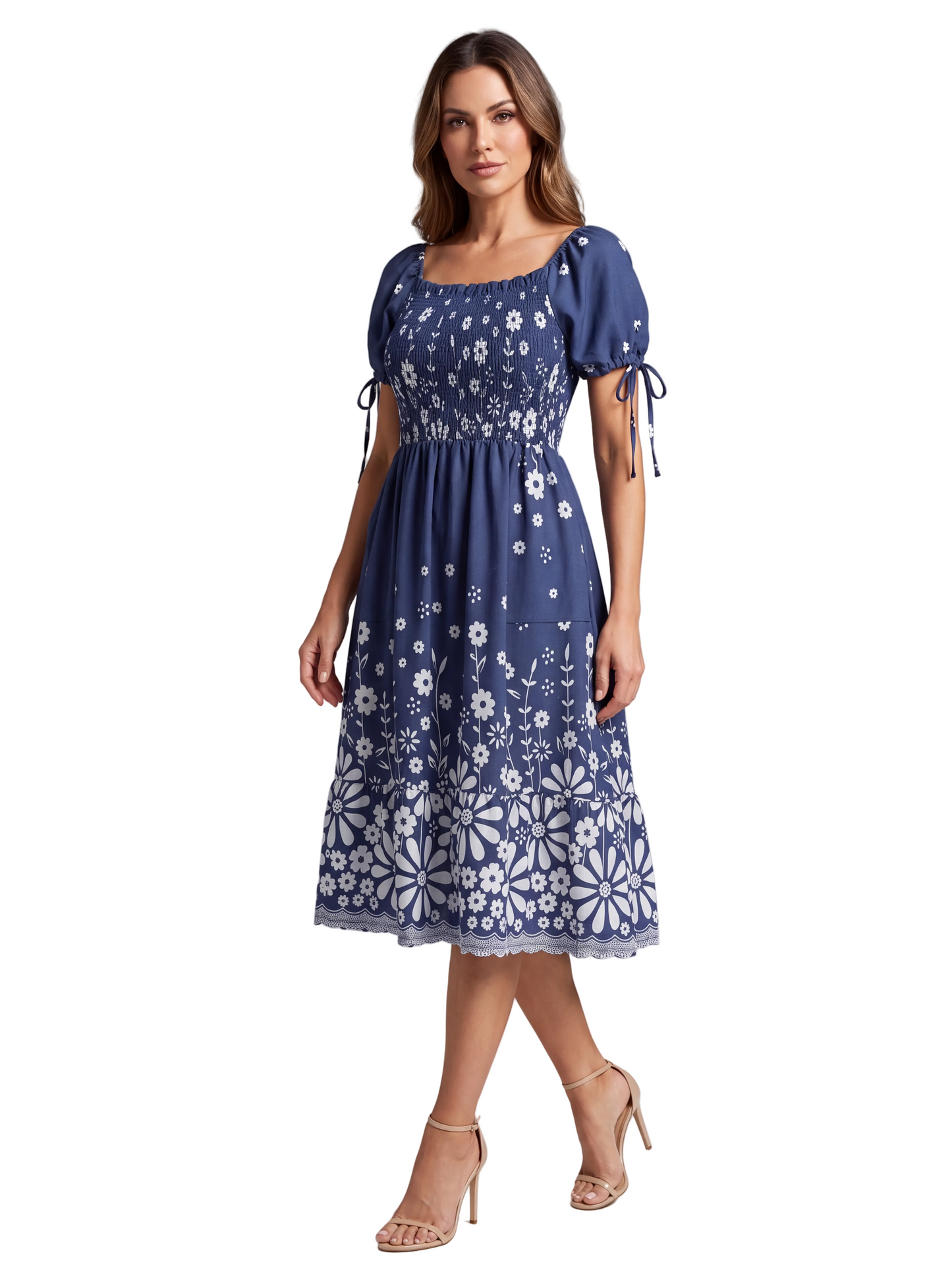 Summer Floral Tea Dress with Puffed Sleeves