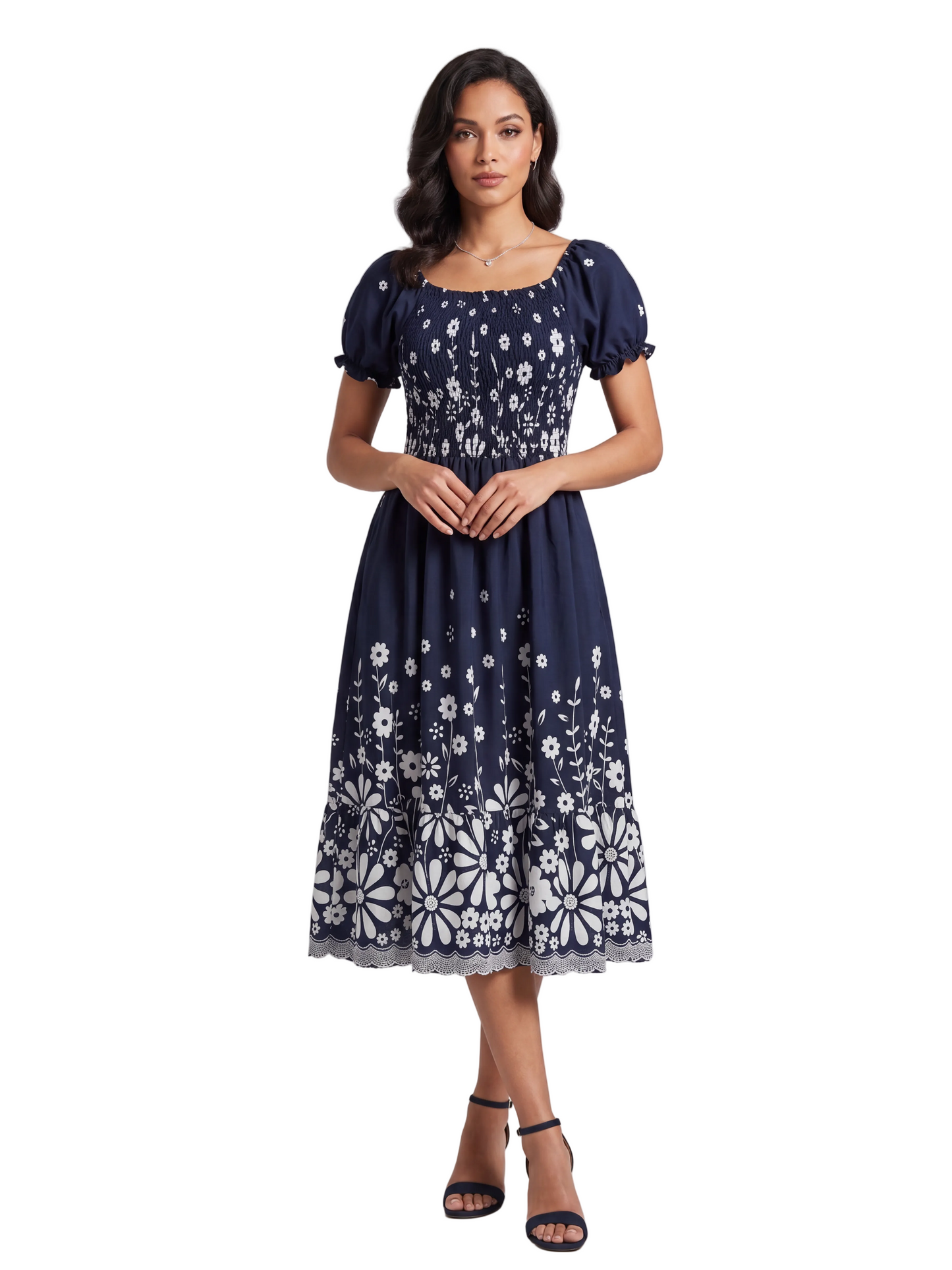 Summer Floral Tea Dress with Puffed Sleeves