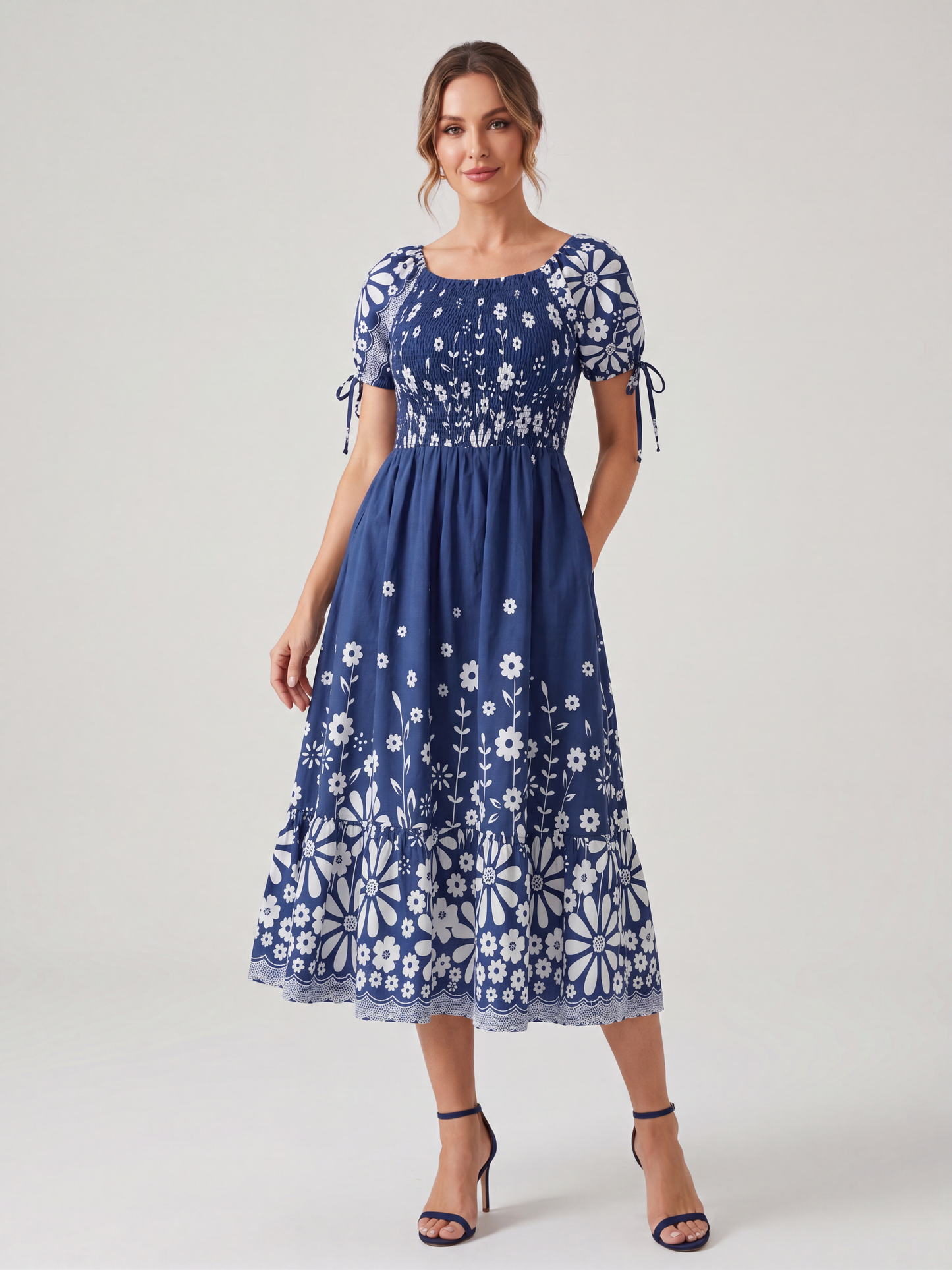 Summer Floral Tea Dress with Puffed Sleeves