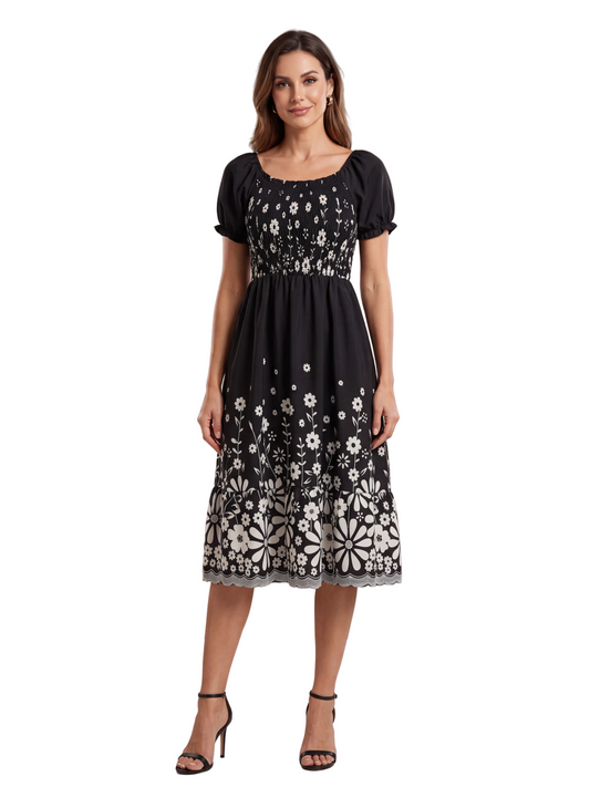 Summer Floral Tea Dress with Puffed Sleeves
