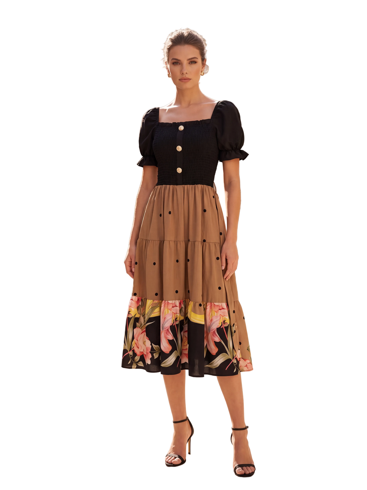 Two-Tone Polka Dot & Floral Tea Dress