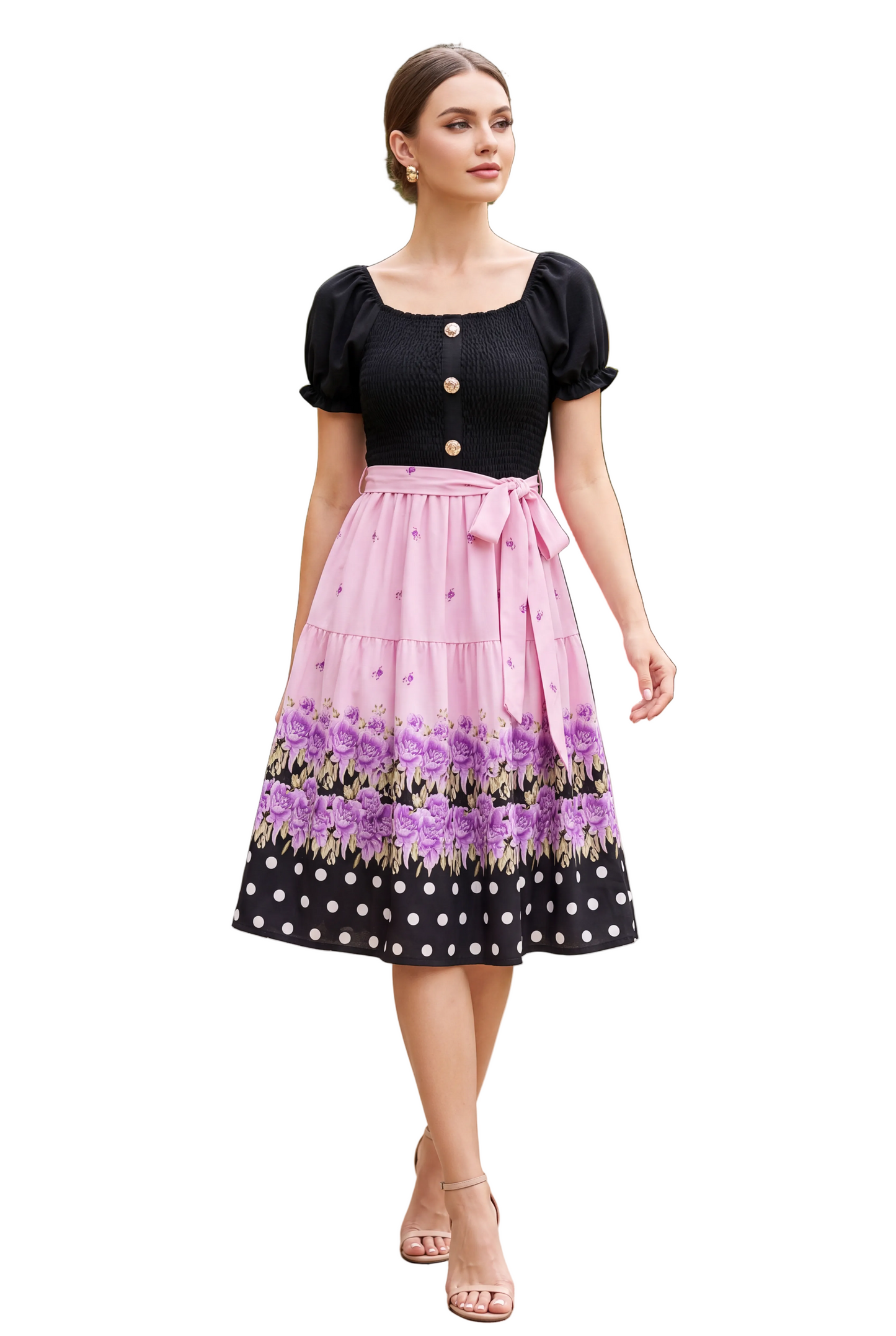 Two-Tone Polka Dot & Floral Tea Dress