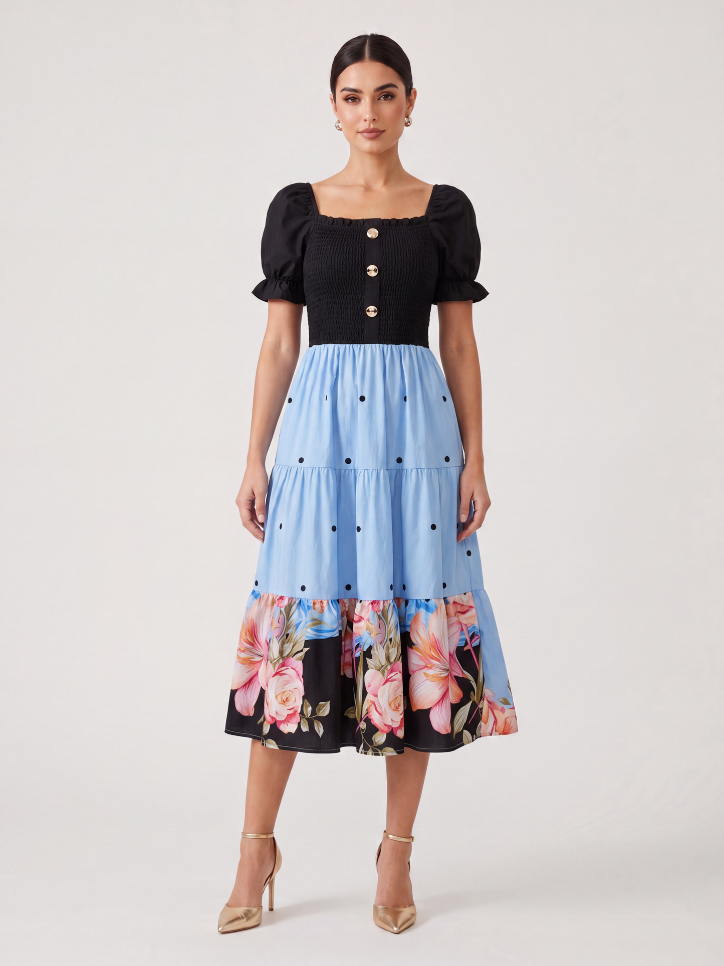 Two-Tone Polka Dot & Floral Tea Dress