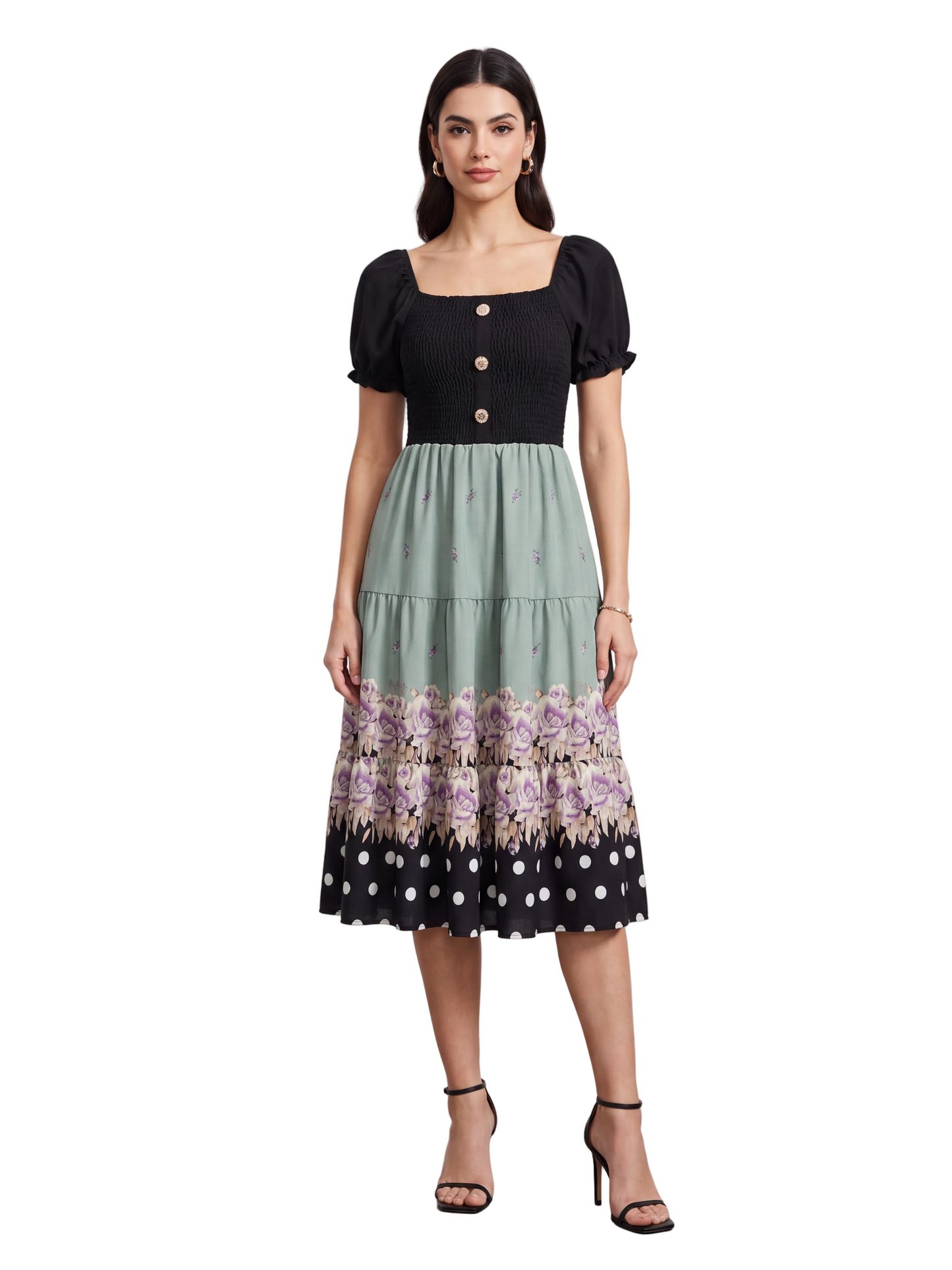 Two-Tone Polka Dot & Floral Tea Dress