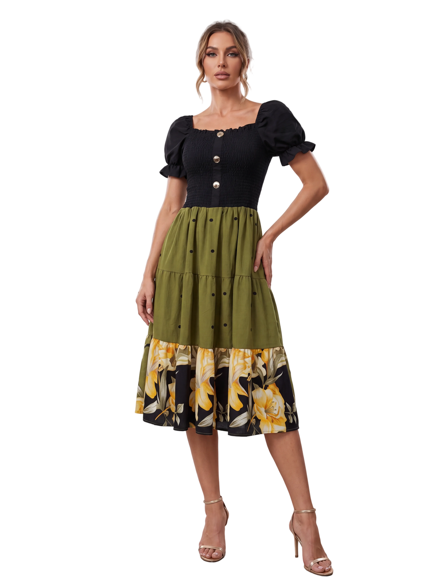 Two-Tone Polka Dot & Floral Tea Dress