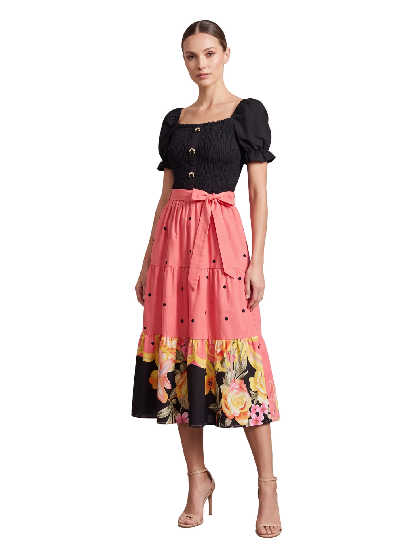 Two-Tone Polka Dot & Floral Tea Dress