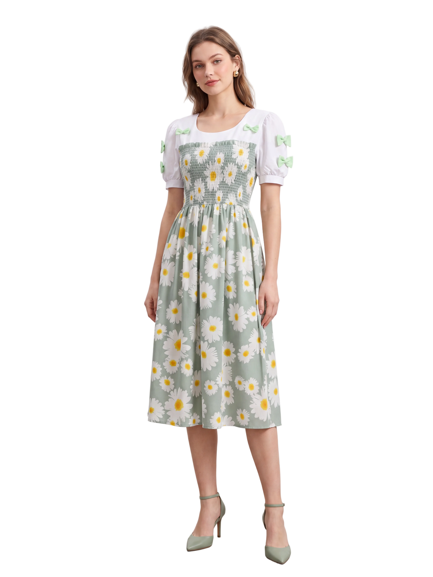 Daisy Print Bow-Accent Midi Dress