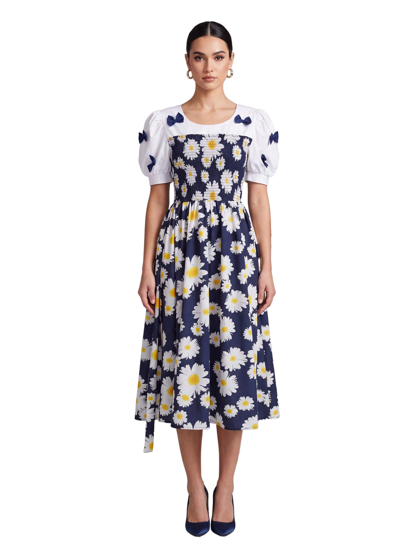 Daisy Print Bow-Accent Midi Dress