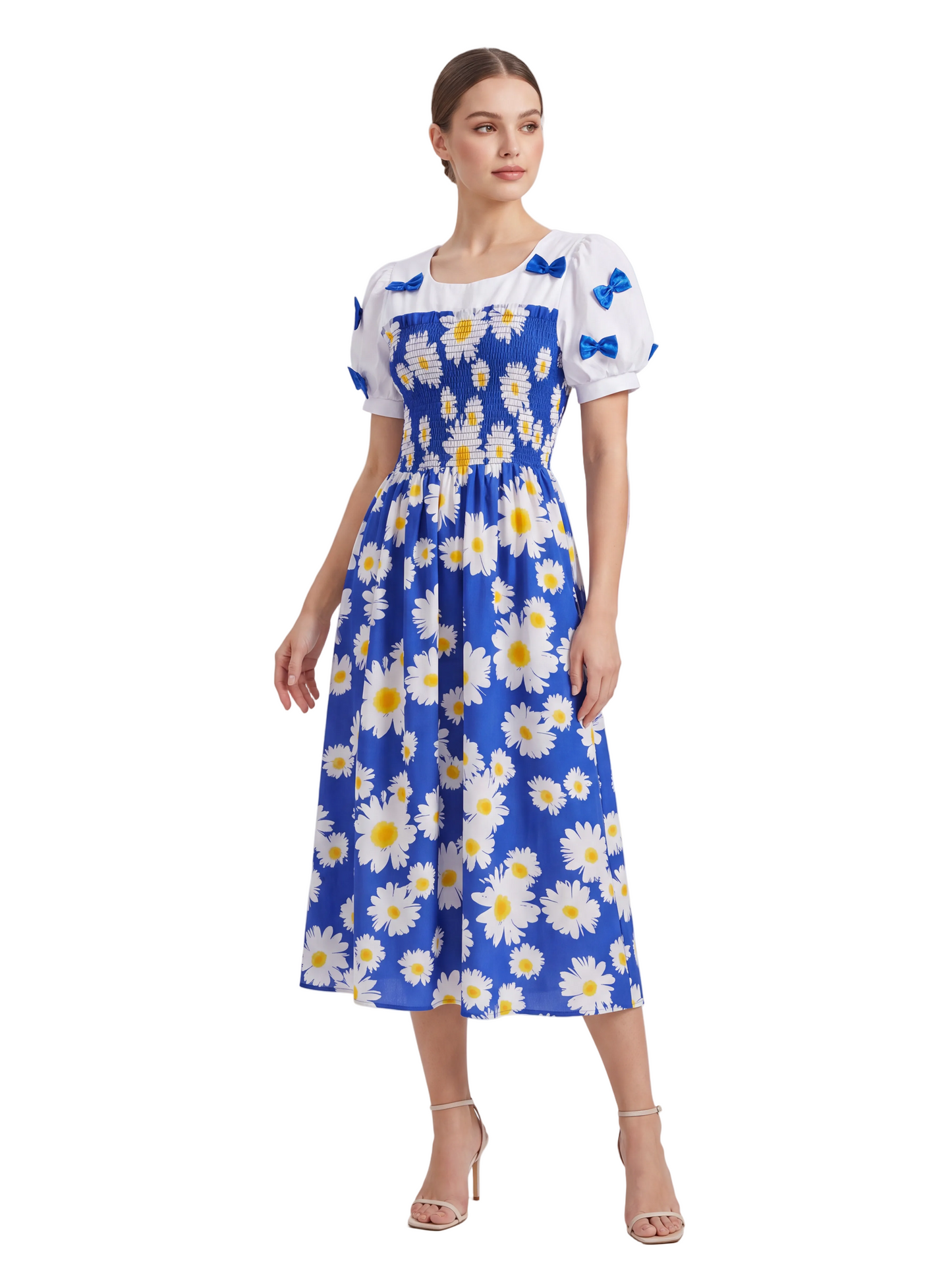 Daisy Print Bow-Accent Midi Dress