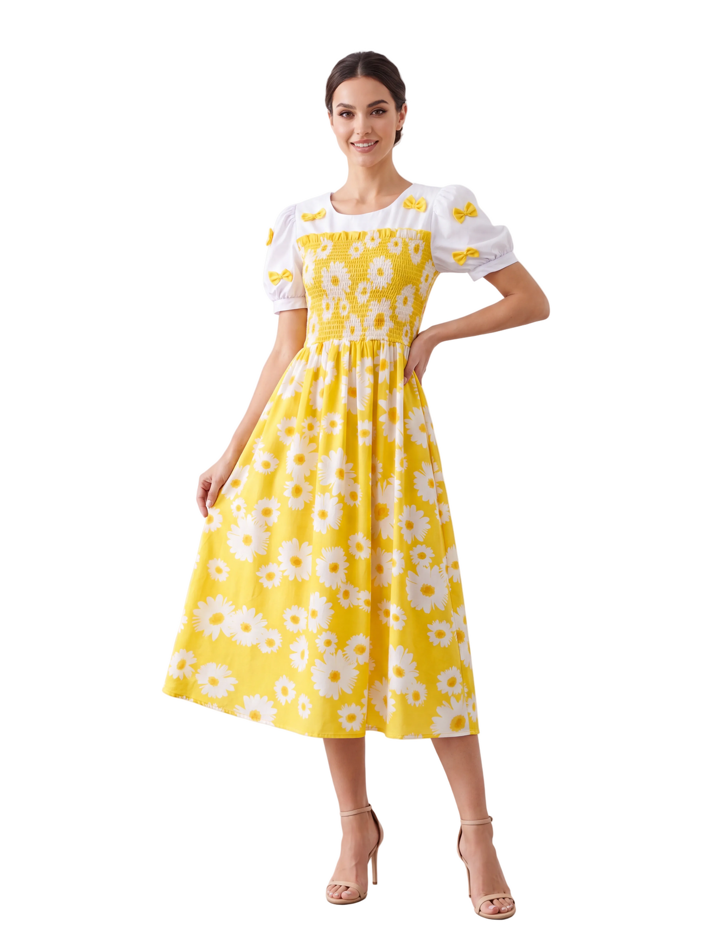 Daisy Print Bow-Accent Midi Dress