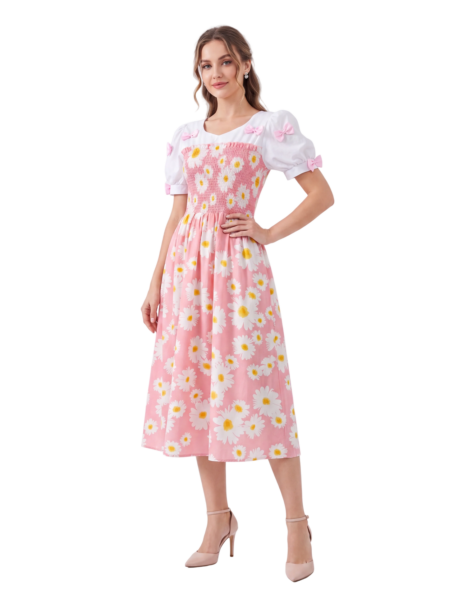 Daisy Print Bow-Accent Midi Dress