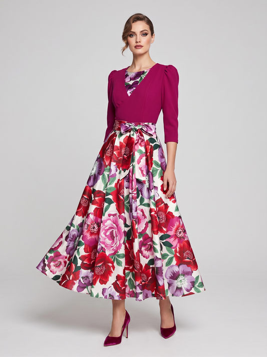 Floral & Bow-Accent Midi Dress