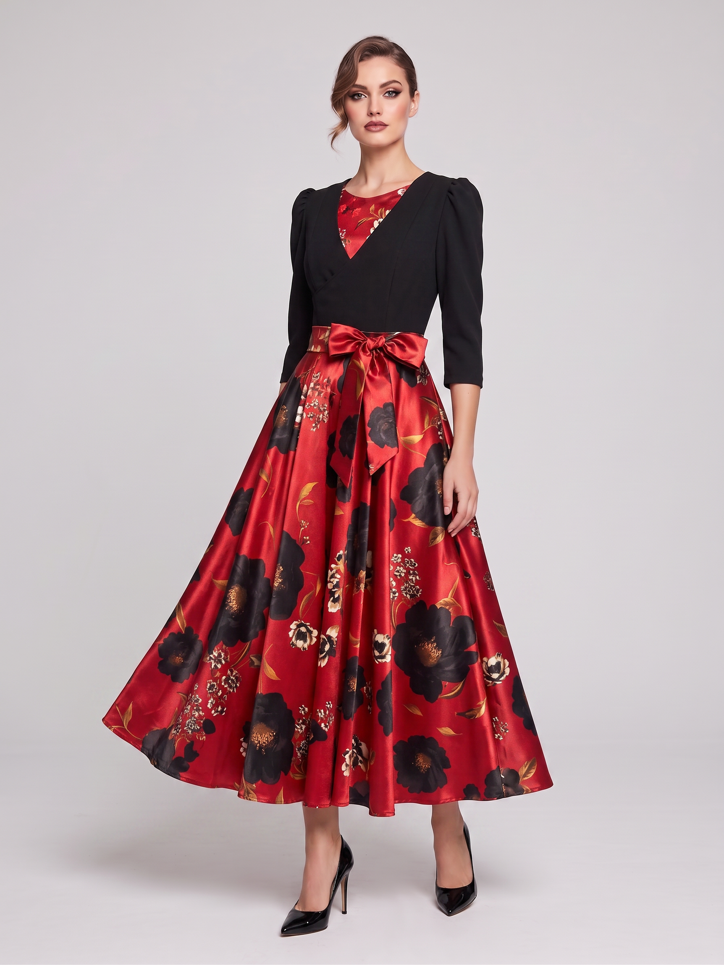 Floral & Bow-Accent Midi Dress