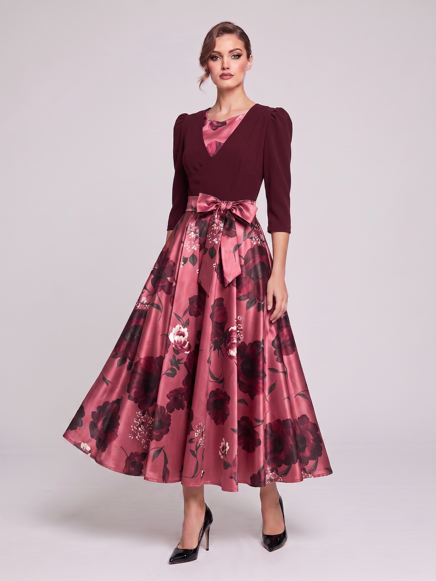 Floral & Bow-Accent Midi Dress