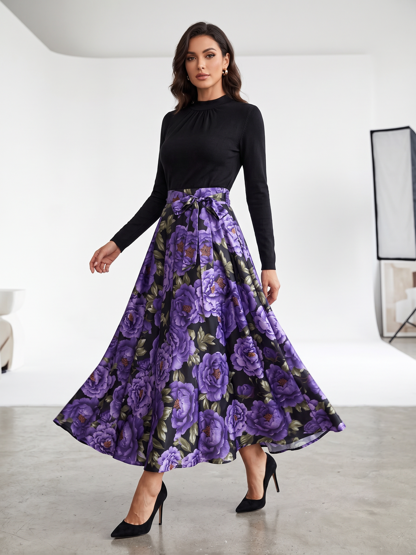 Elegant Floral A-Line Maxi Dress with High-Neck Long Sleeve Top