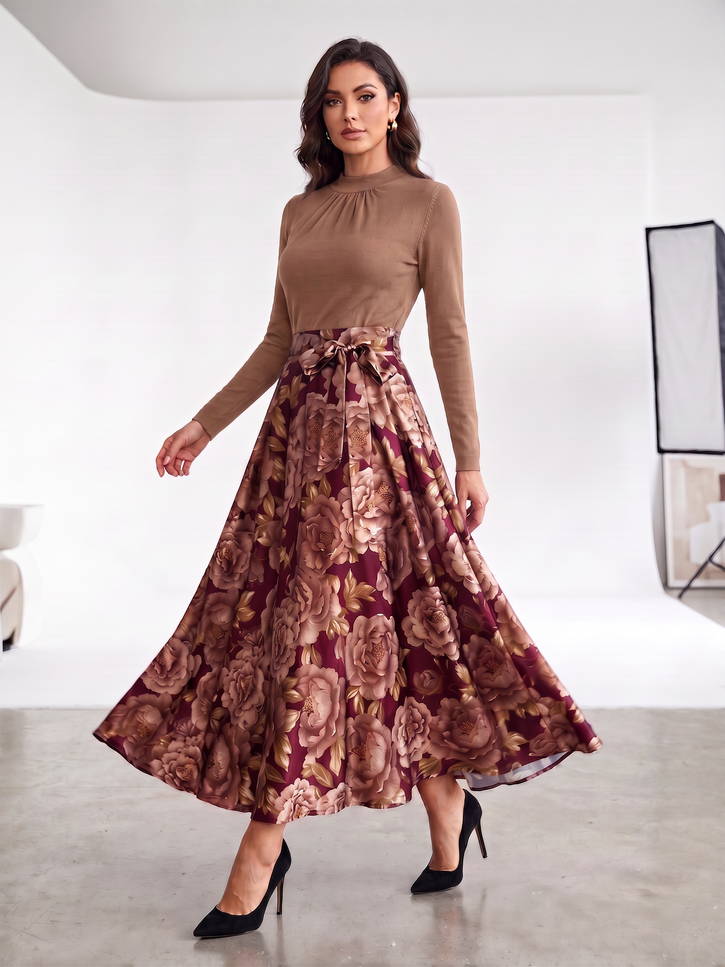 Elegant Floral A-Line Maxi Dress with High-Neck Long Sleeve Top