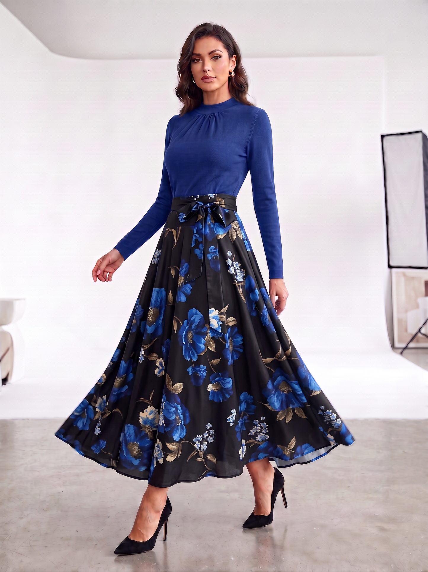 Elegant Floral A-Line Maxi Dress with High-Neck Long Sleeve Top