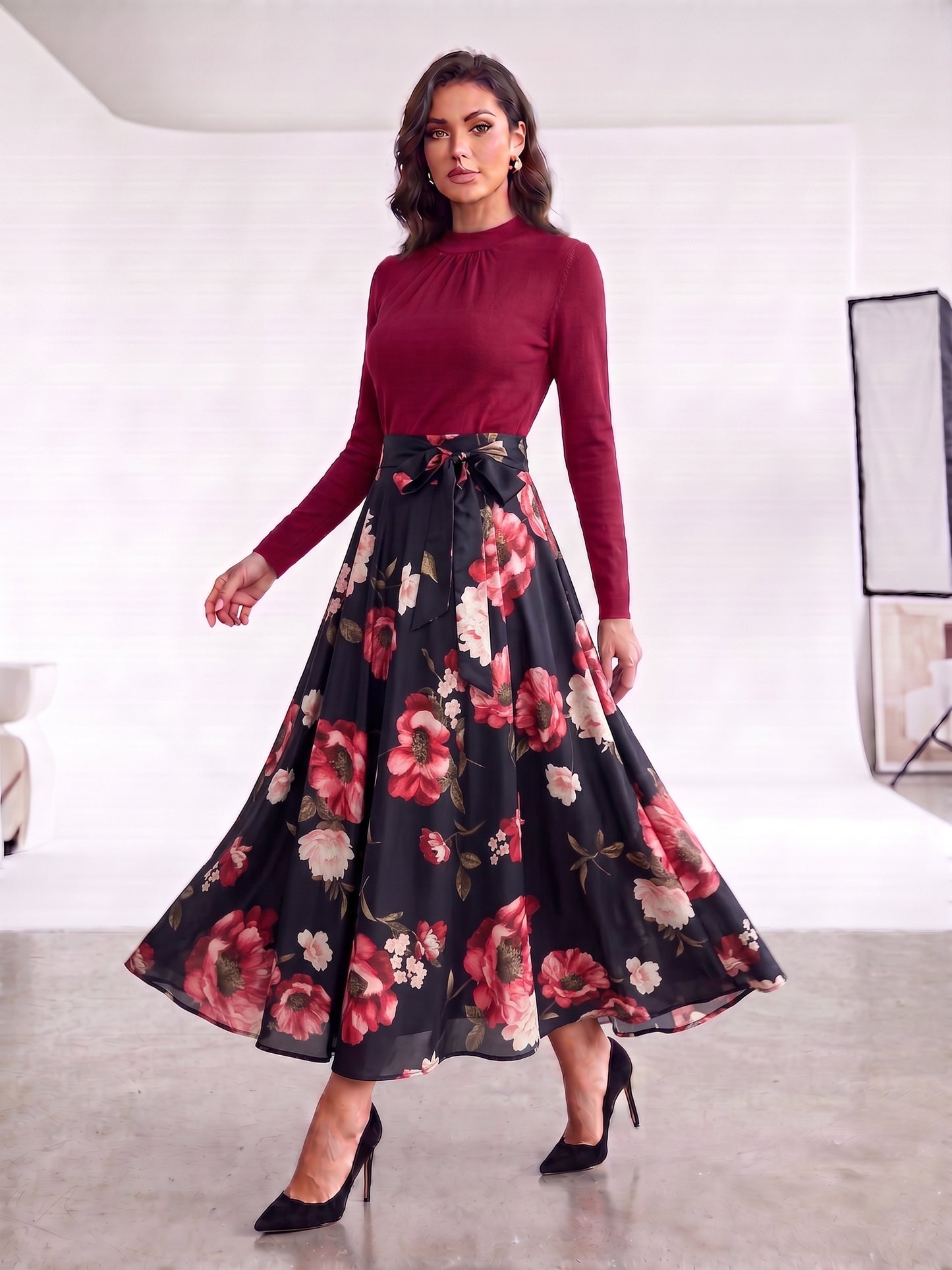 Elegant Floral A-Line Maxi Dress with High-Neck Long Sleeve Top