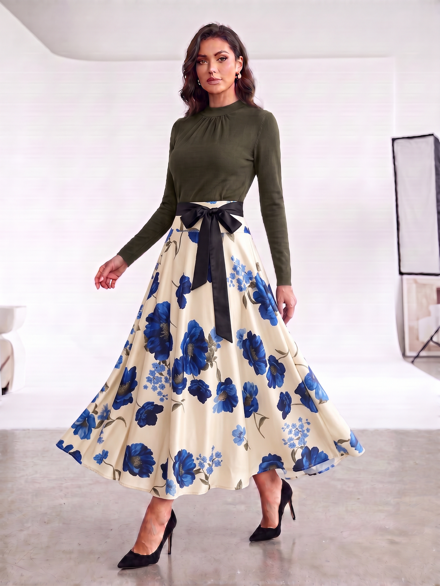Elegant Floral A-Line Maxi Dress with High-Neck Long Sleeve Top