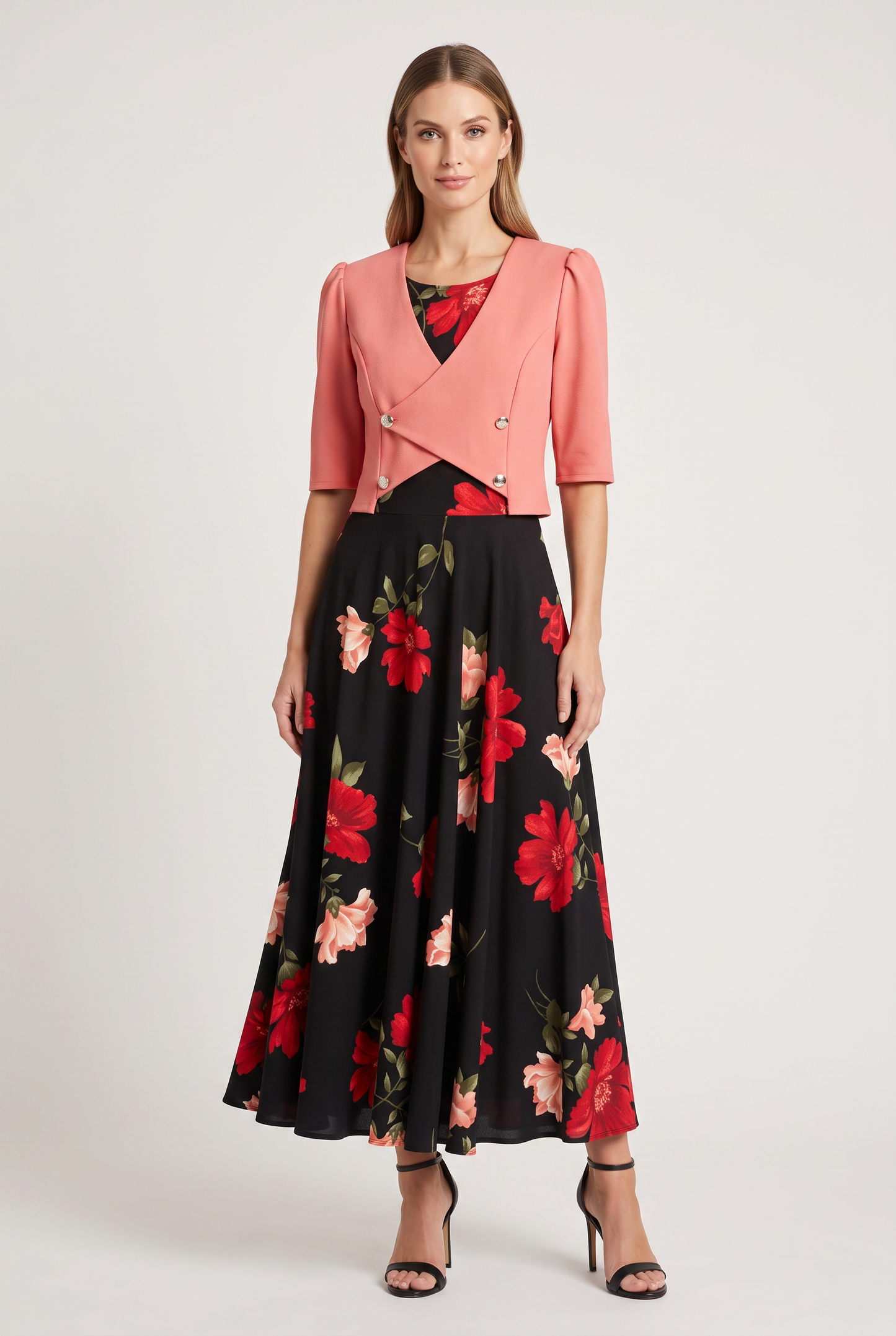 Floral A-Line Maxi Dress with Cropped Jacket