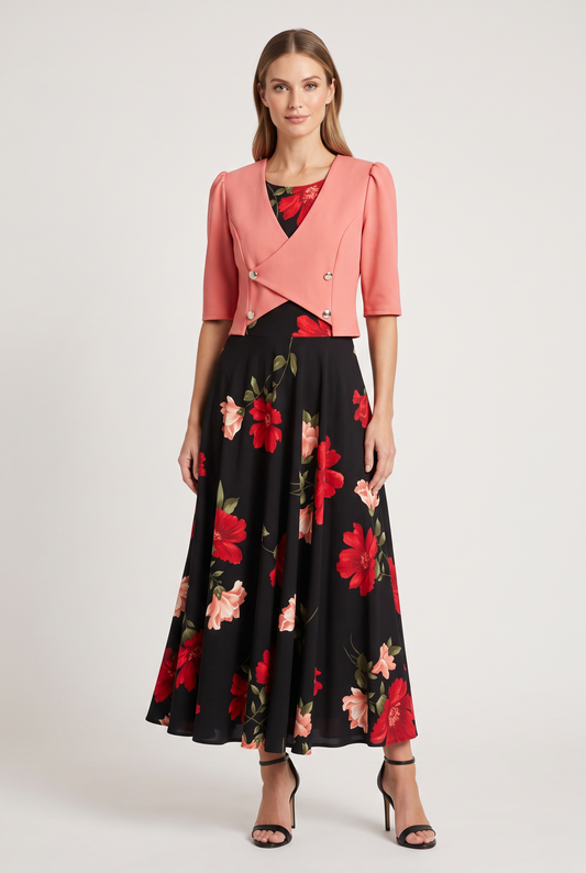 Floral A-Line Maxi Dress with Cropped Jacket