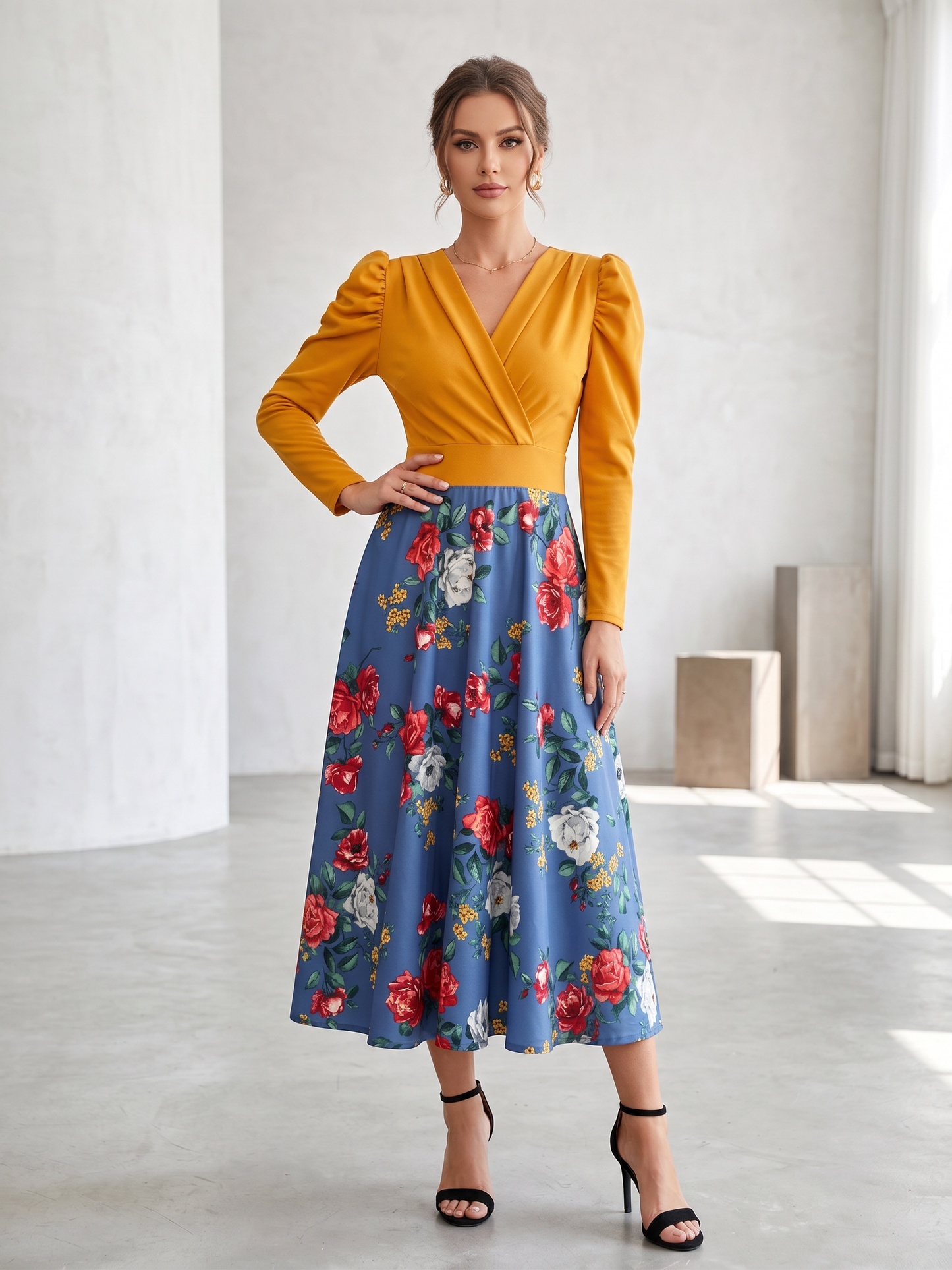 Puff-Sleeve Wrap Top Floral Midi Dress