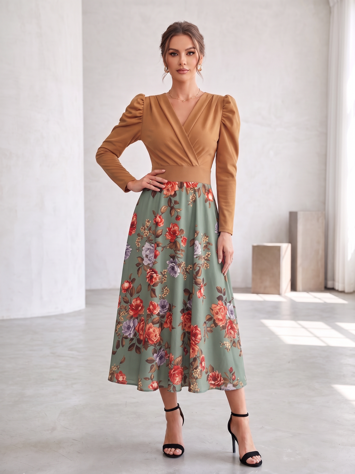 Puff-Sleeve Wrap Top Floral Midi Dress