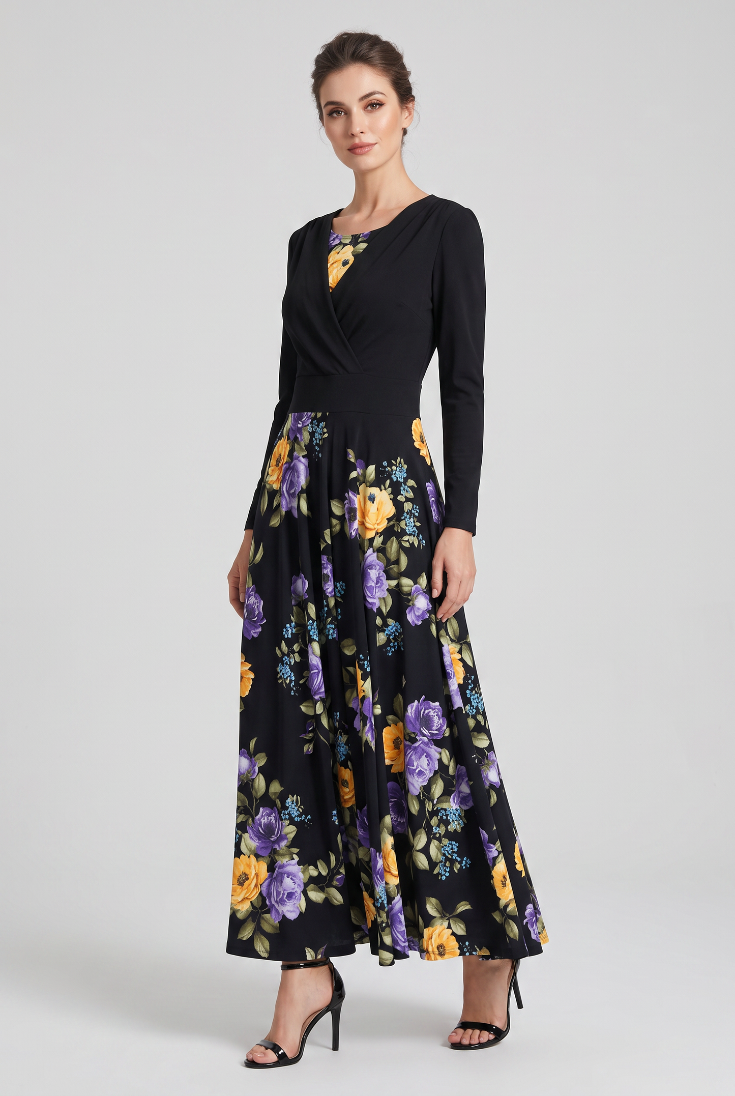 Puff-Sleeve Wrap Top Floral Midi Dress