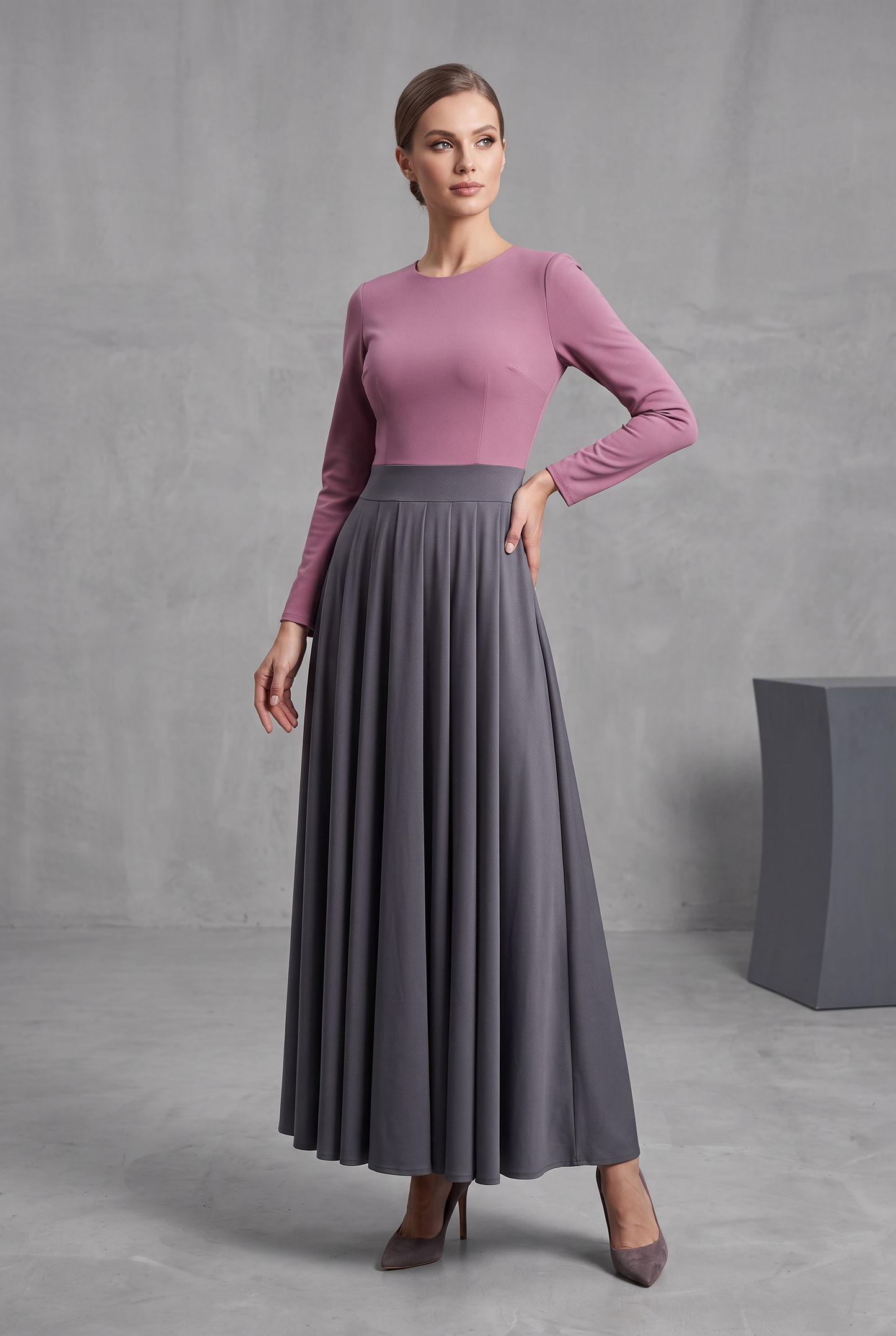 Long-Sleeve Pleated Maxi Dress