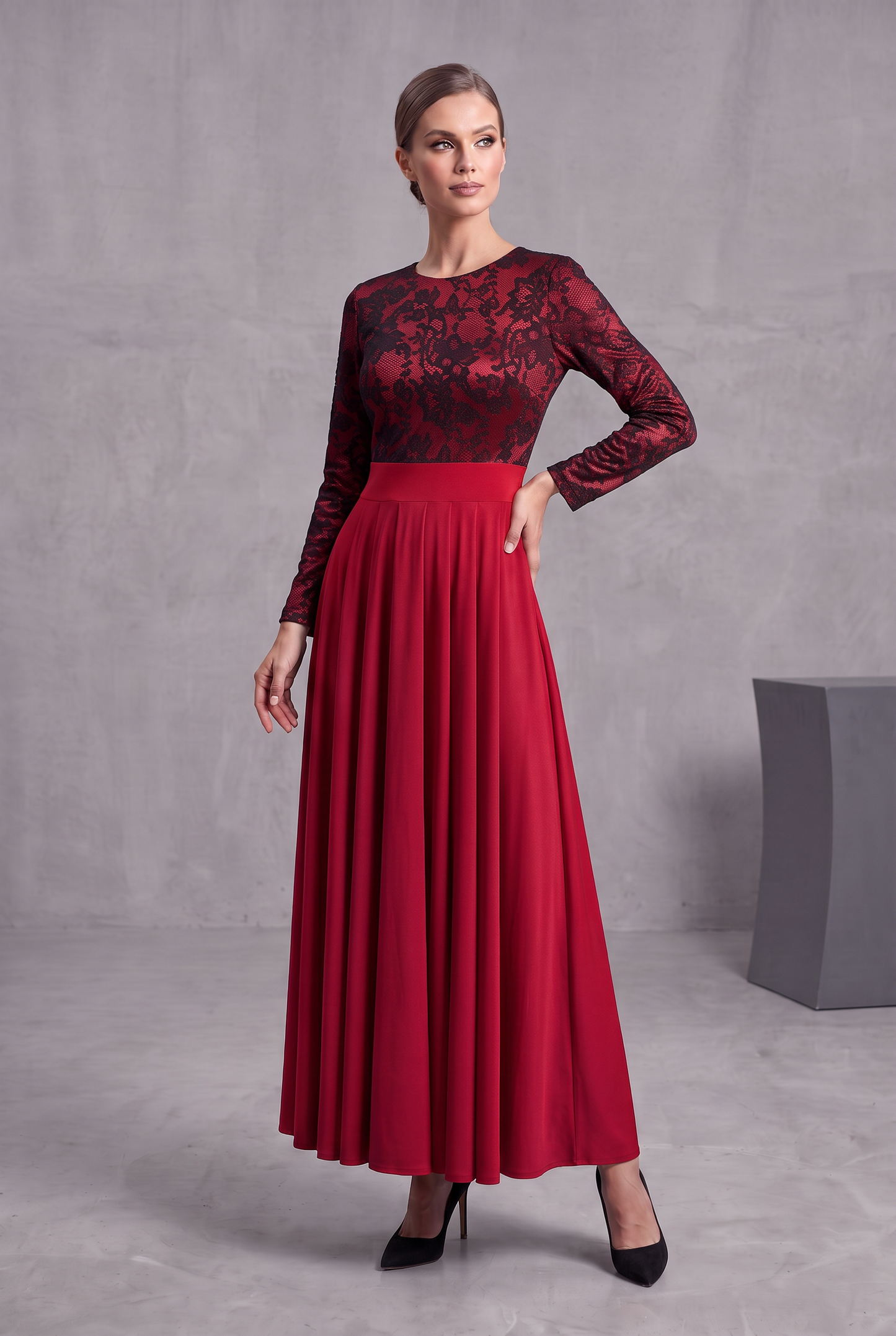 Long-Sleeve Pleated Maxi Dress