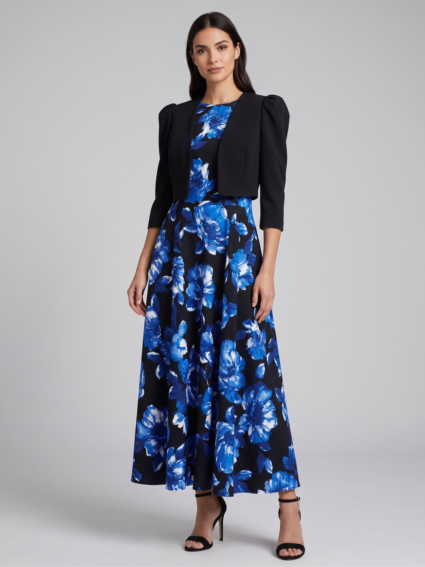 Floral Maxi Dress with Puff-Sleeve Cropped Jacket