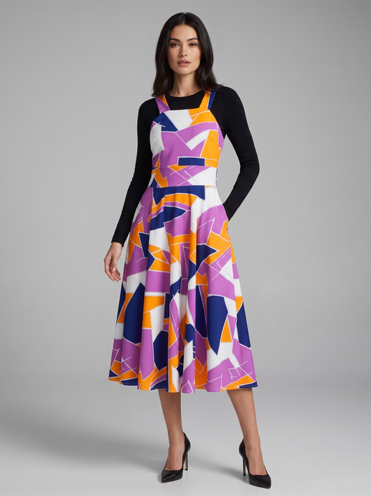 Geometric Print Pinafore Midi Dress Layering Set