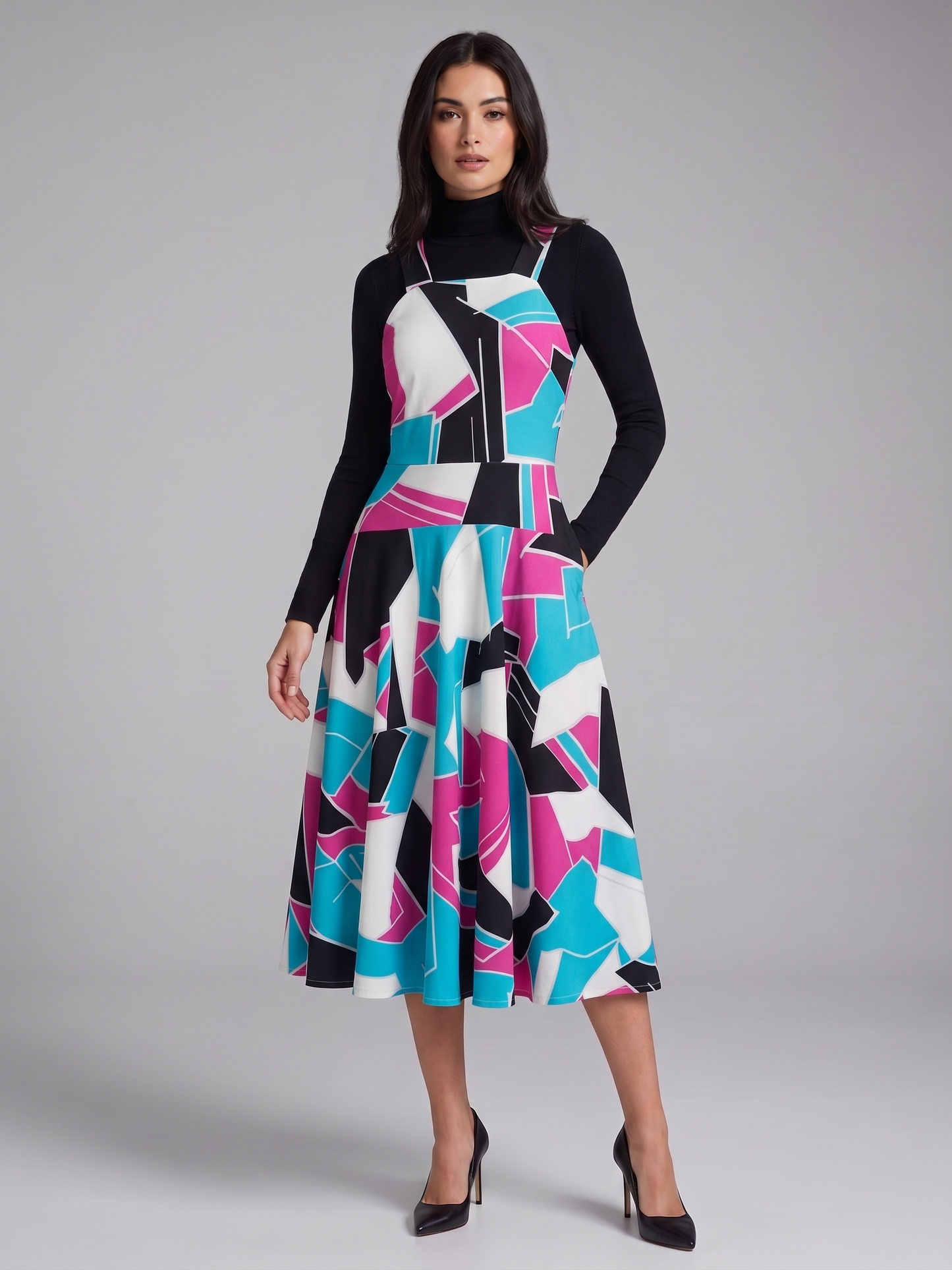 Geometric Print Pinafore Midi Dress Layering Set
