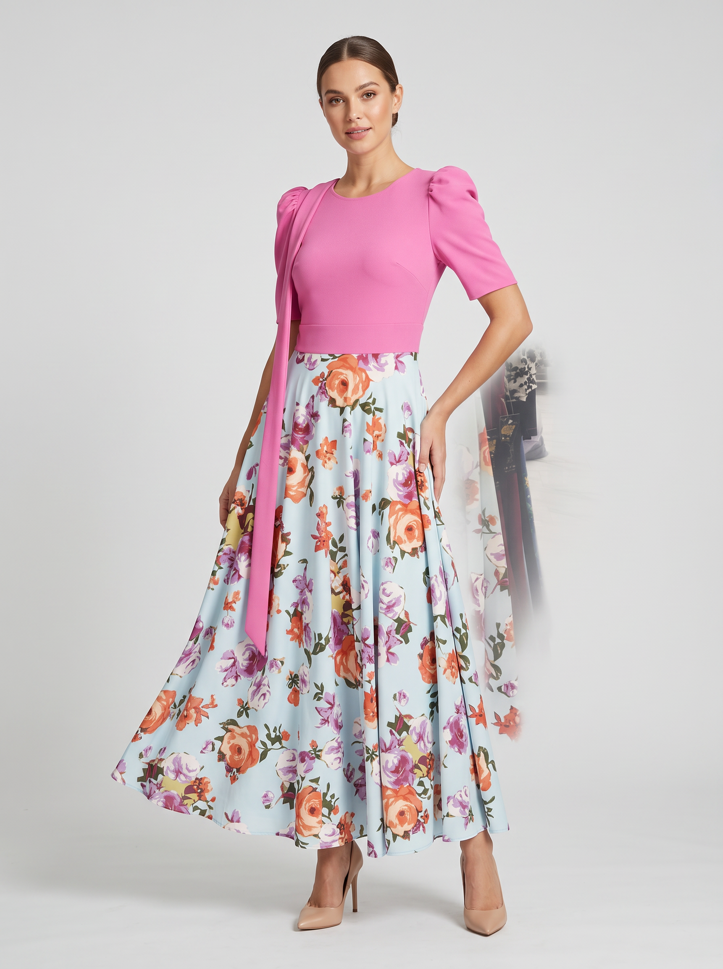 Puff-Sleeve Floral Maxi Dress with Shoulder Tie Accent