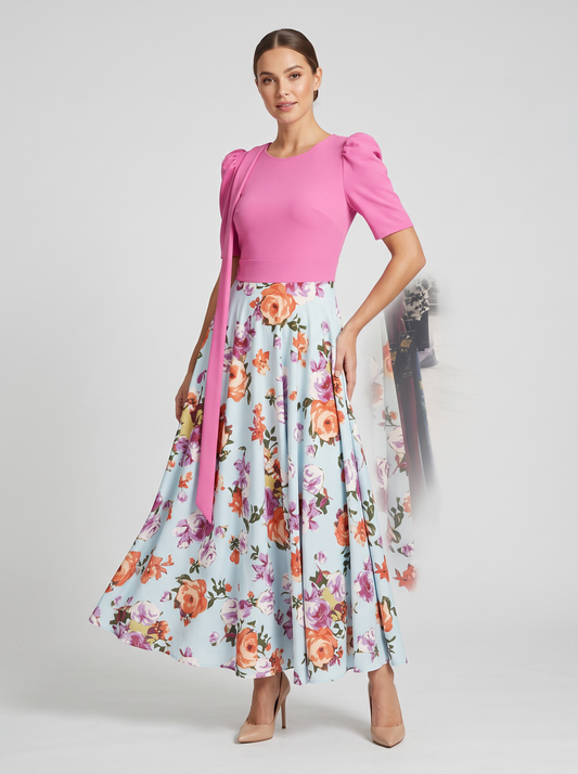 Puff-Sleeve Floral Maxi Dress with Shoulder Tie Accent
