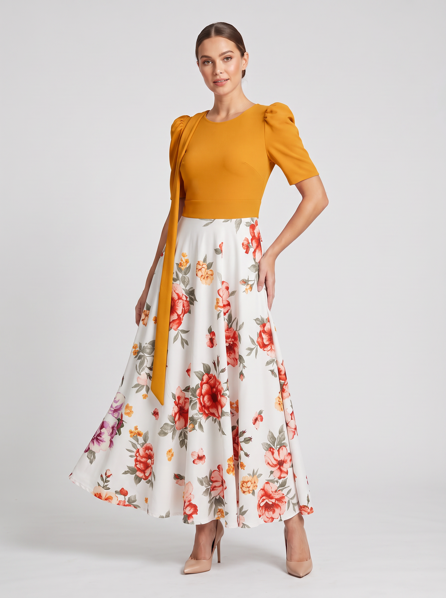 Puff-Sleeve Floral Maxi Dress with Shoulder Tie Accent