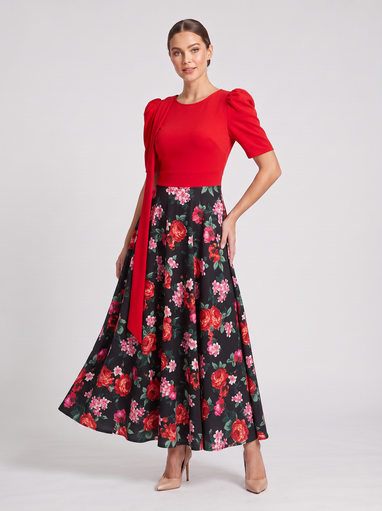 Puff-Sleeve Floral Maxi Dress with Shoulder Tie Accent