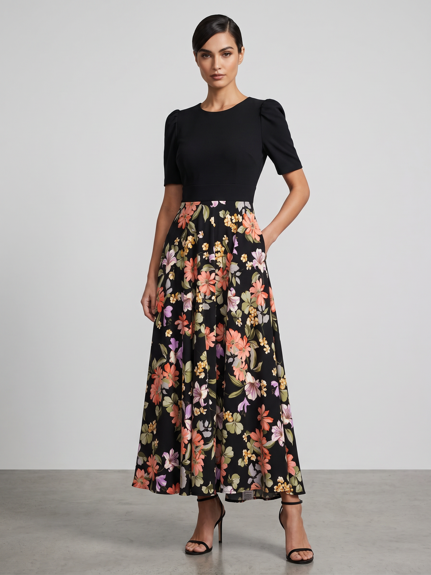 Puff-Sleeve Floral Maxi Dress with Shoulder Tie Accent