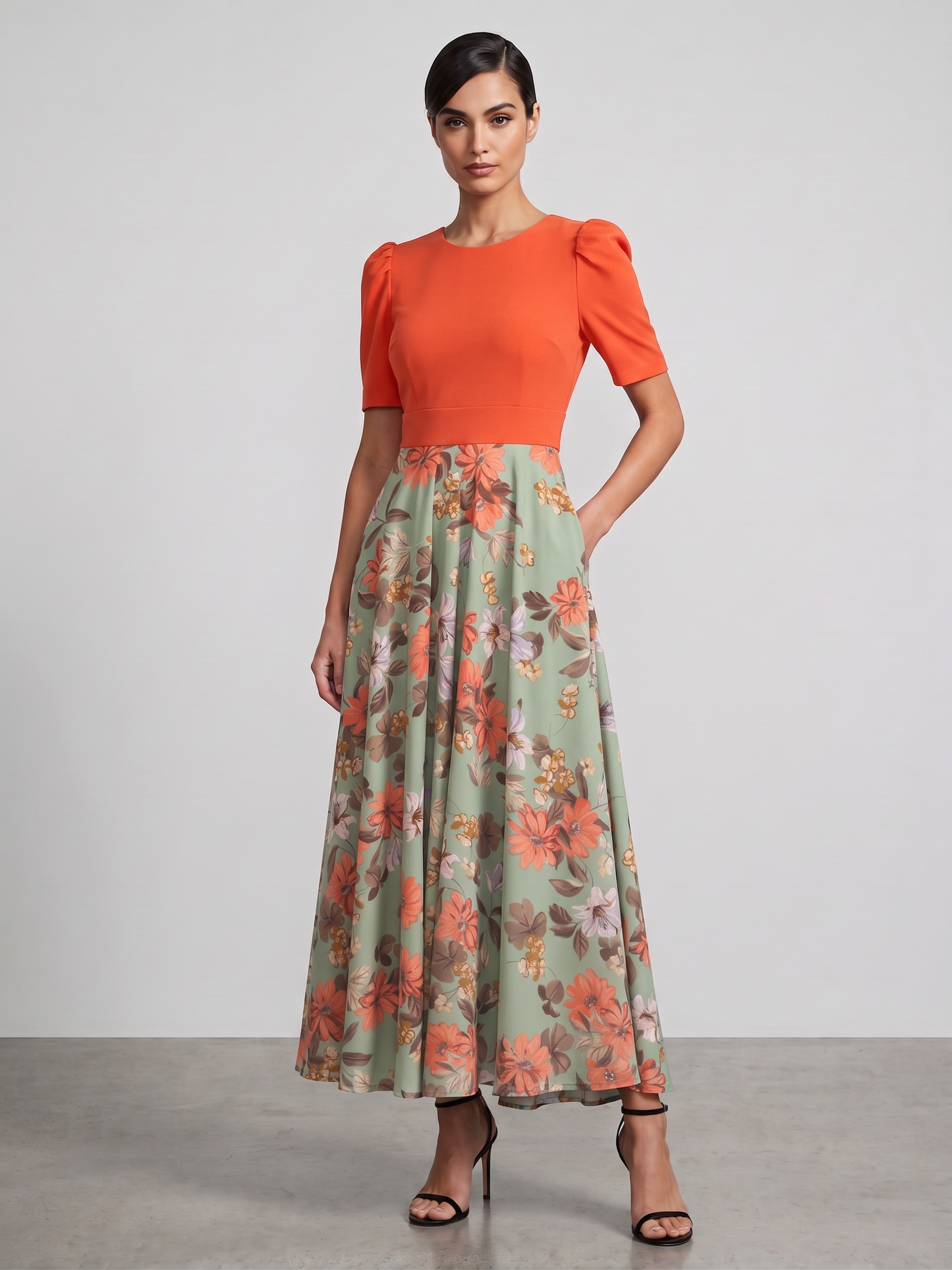 Puff-Sleeve Floral Maxi Dress with Shoulder Tie Accent