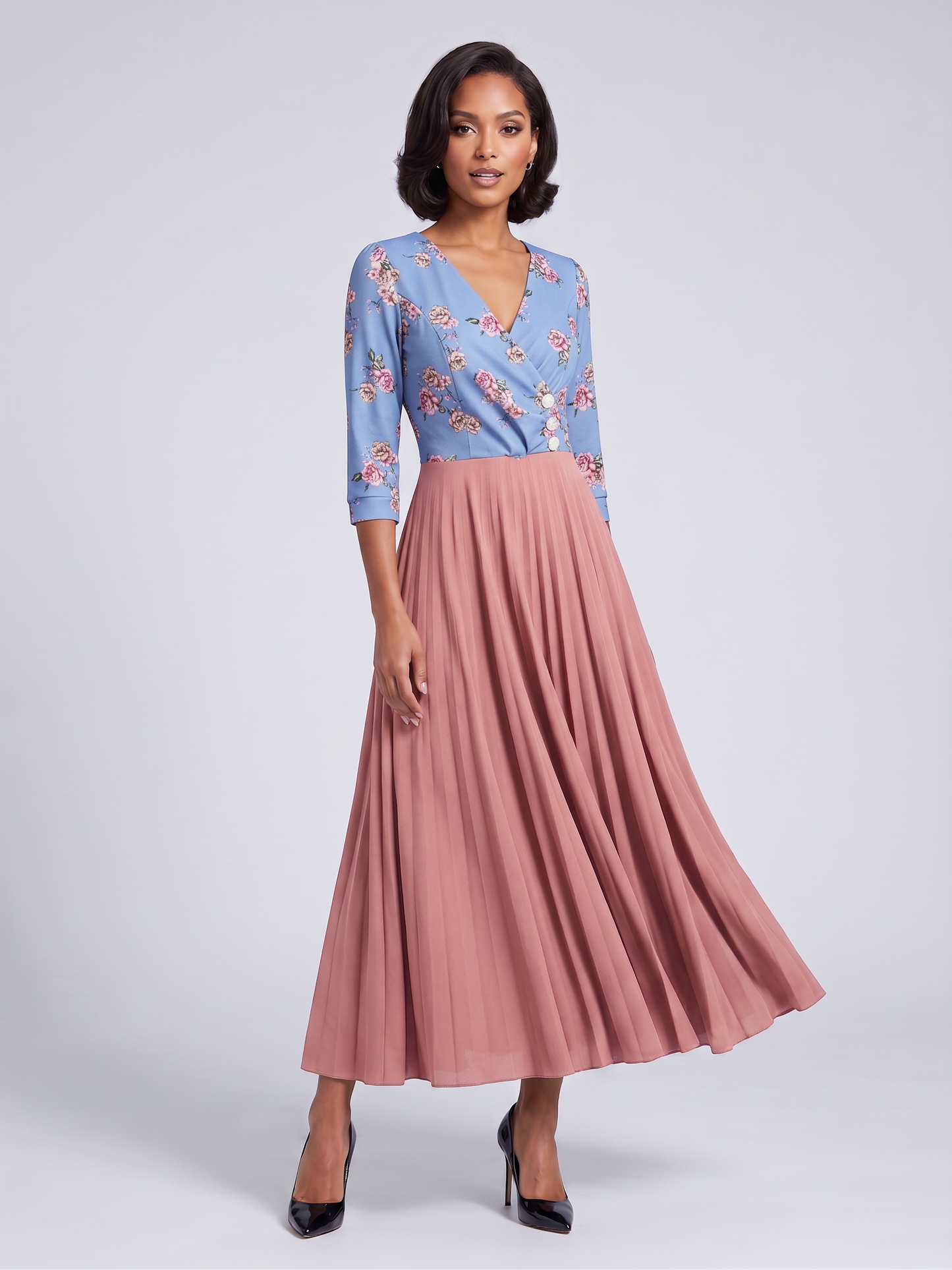 Floral Wrap-Style Top Pleated Maxi Dress