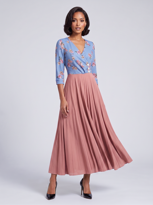 Floral Wrap-Style Top Pleated Maxi Dress
