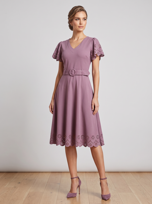 Laser-Cut Eyelet Belted Midi Dress