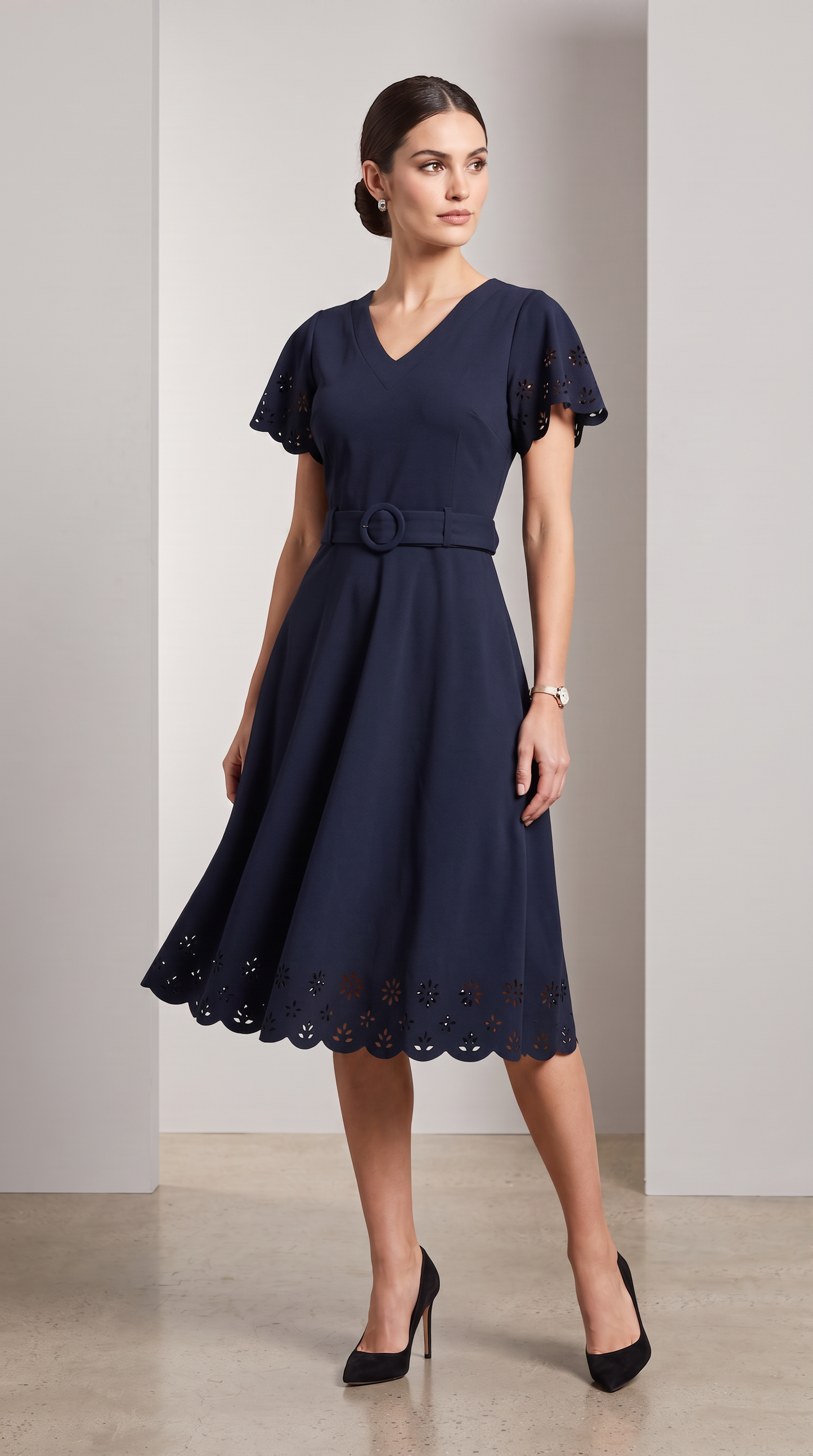 Laser-Cut Eyelet Belted Midi Dress