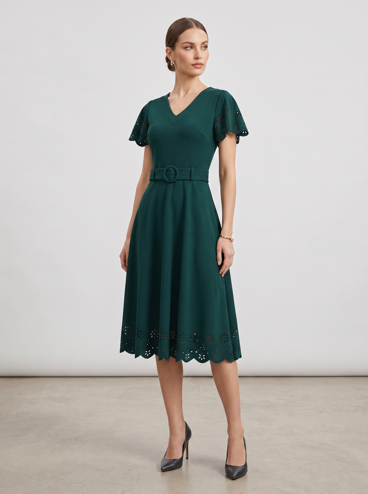 Laser-Cut Eyelet Belted Midi Dress